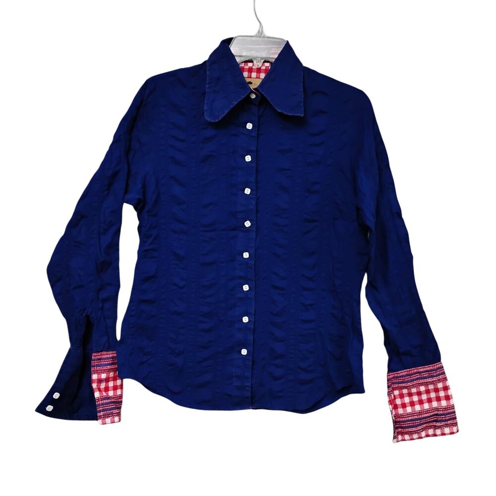 Vintage Lady Marlboro Button Down Shirt Size 16-36 Blue w Red Cuffs Long Sleeve